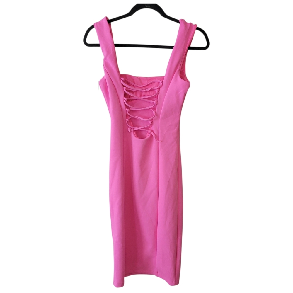 Pink Square-Neck Bodycon Dress - Picture 3 of 8